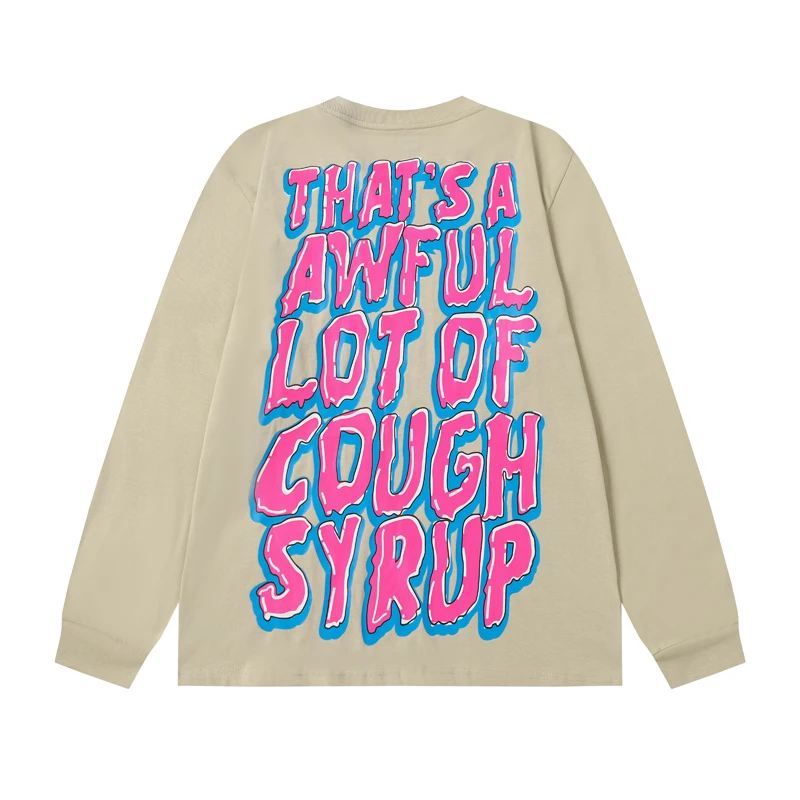 Men Women Vintage Color Comic Print Long Sleeve T-shirts Contrast Letter Loose Streetwear THAT'S A AWFUL LOT OF COUGH SYRUP Tees