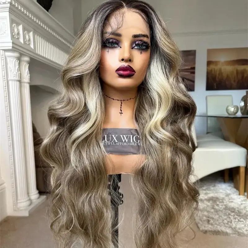 Natural Body Wave Wig Ombre Ash Blonde Brown Highlights Synthetic HD Lace Front Wig Preplucked Hairline with Baby Hair 28 Inches