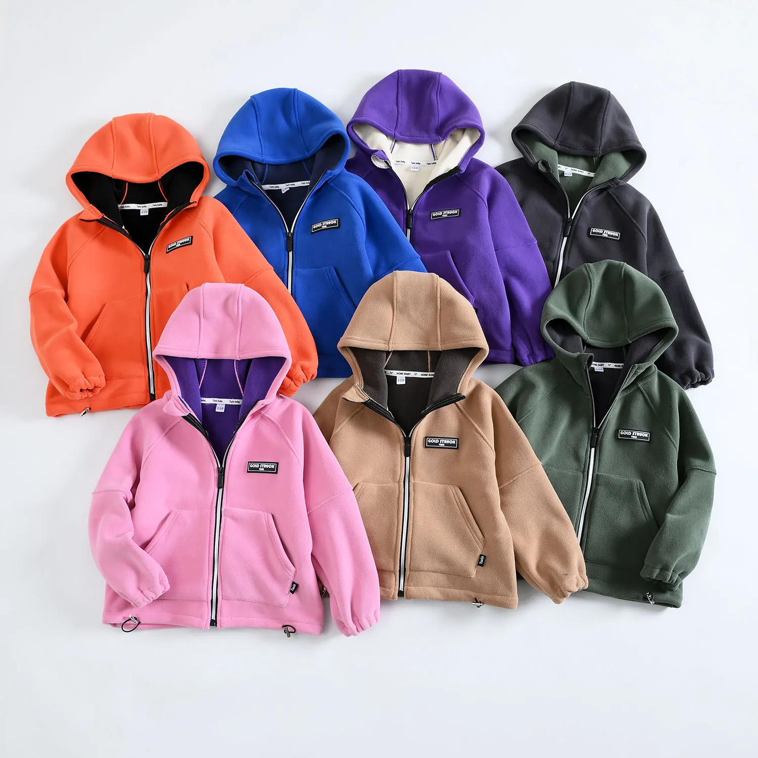 New Child Windproof Hooded Zip Full Fleece Coat Thicken Double Composite Fleece Boys Jackets Girls Outfits Children Outerwear