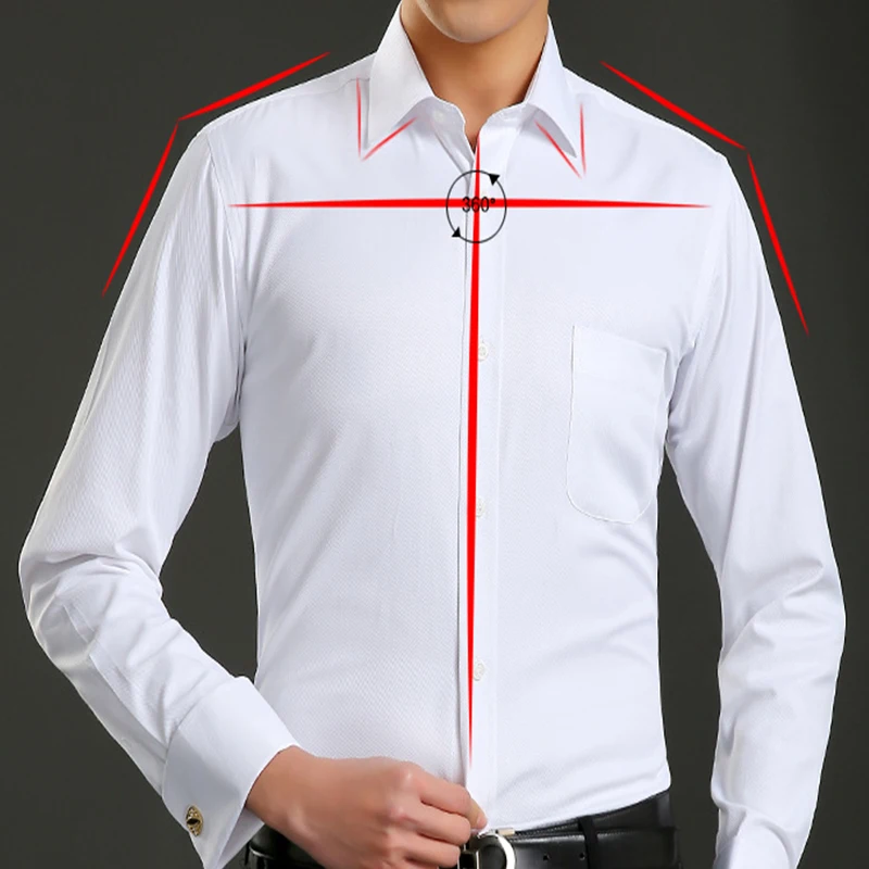 M-6XL Classic Men\'s French Cuffs Dress Shirt Long Sleeve Covered Placket Formal Business Standard-fit Office Work White Shirts