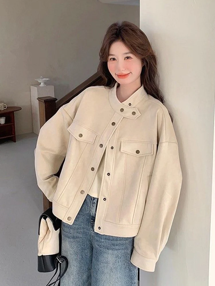 American Faux Suede Jacket Women Fall Sweet Preppy Style Long Sleeve Coat Vintage Casual Loose Female New O Neck All Match Tops