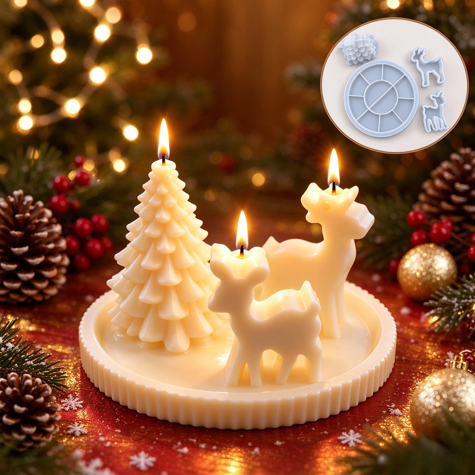 4pcs Christmas Deer & Tree Candle Mold Set, 2 Reindeer + Xmas Tree + Round Fluted Tray Resin Silicone Mold