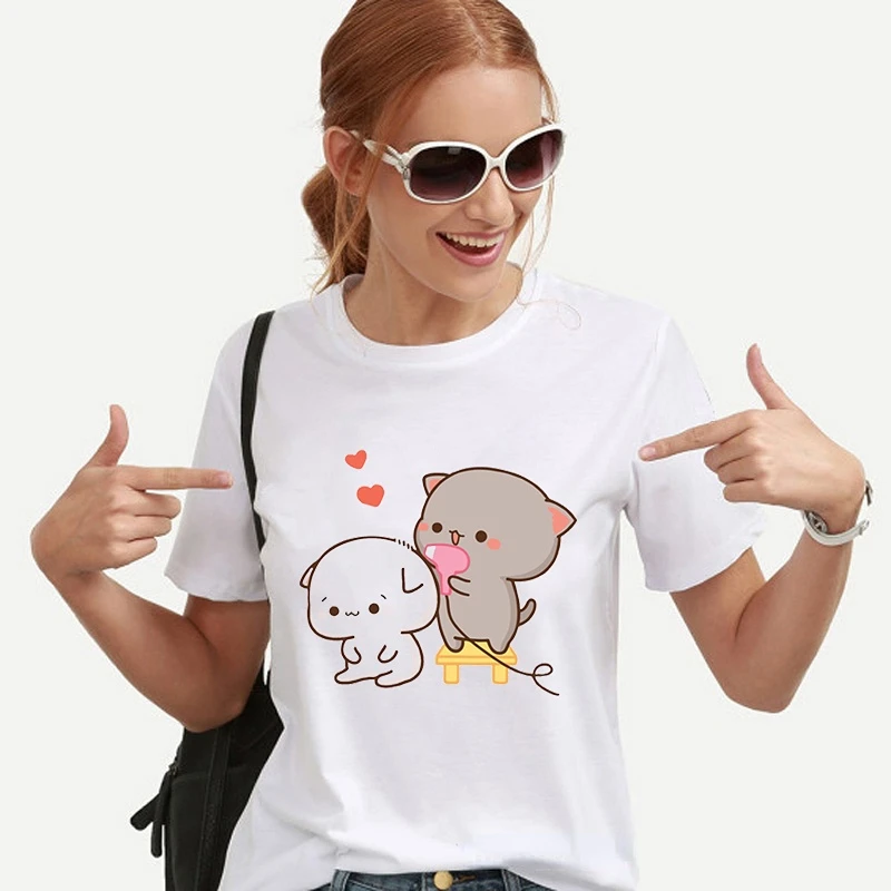 Kawaii Women Clothing Peach and Goma Mochi Cat Cartoon Print Tshirt Femme Korean Style Clothes Harajuku Shirt Tops Short Sleeve