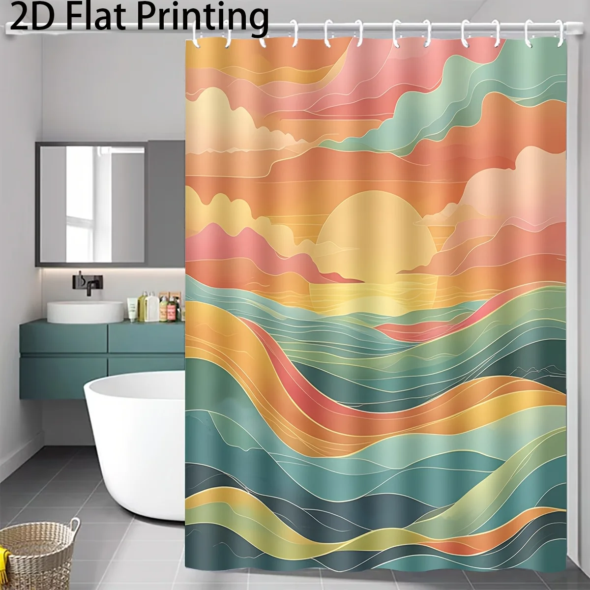 

Abstract Boho Sunset Ocean Wave Shower Curtain Modern Flat Print Bathroom Decor Large Size 180x200cm Trendy Home Accessory