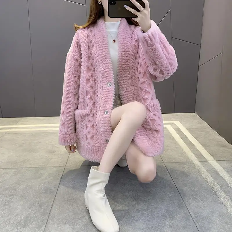 Mantel bulu asli wanita jaket musim dingin kebesaran wanita longgar V-neck campuran Streetwear wol alami kualitas tinggi pakaian luar G151