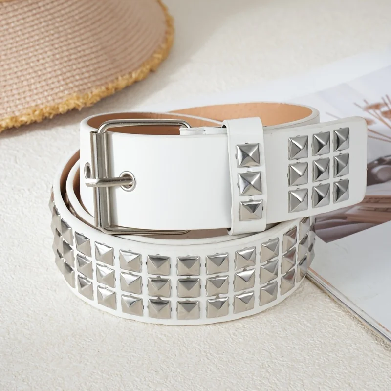 One Men's Gothic Studded Buckle PU Leather Belt with Square Beads and Double-Row Pyramid Punk Style Metal Belt