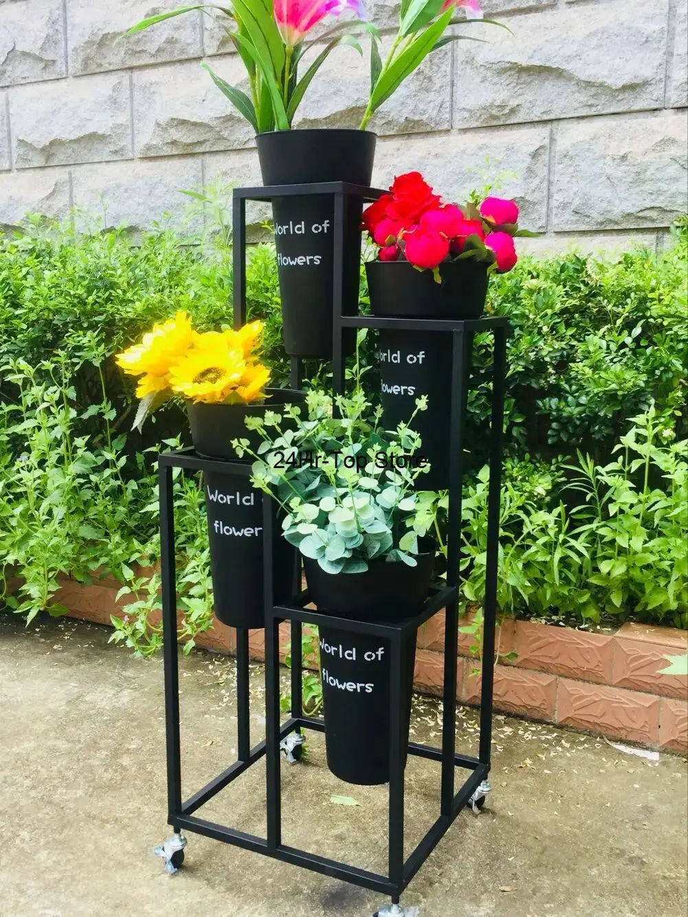 Nordic Flower Shop Flower Bucket Multi Layer Display Plastic Flower Bucket Ladder Movable Shelf Flower Rack Gold Plant Stand