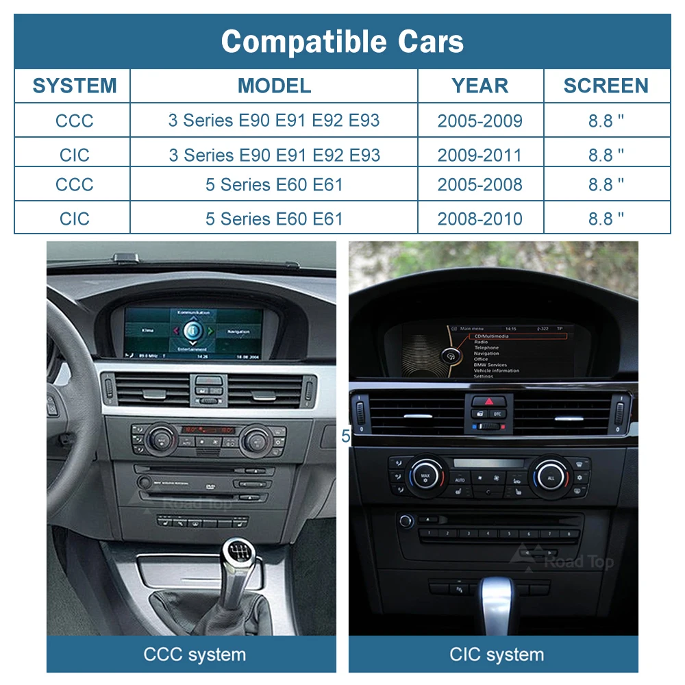 Road Top 8.8'' Wireless Carplay Android Auto Multimedia Display Screen For BMW 3 Series E90 E91 E92 E93 5 Series E60 E61 CCC CIC