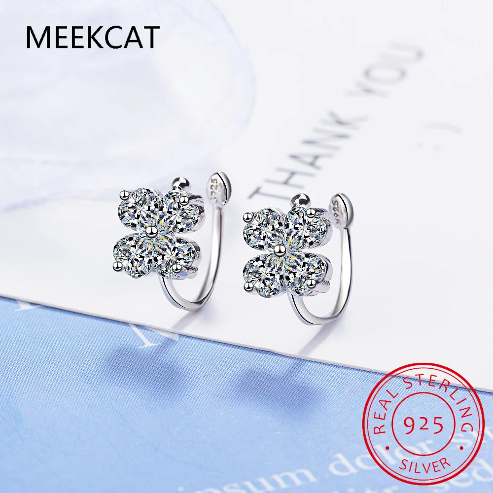 All D Moissanite Earrings for Women Men S925 Sterling Silver Lab Diamond Four Leaf Clover Ear Clip No hole to wear Girl Gift