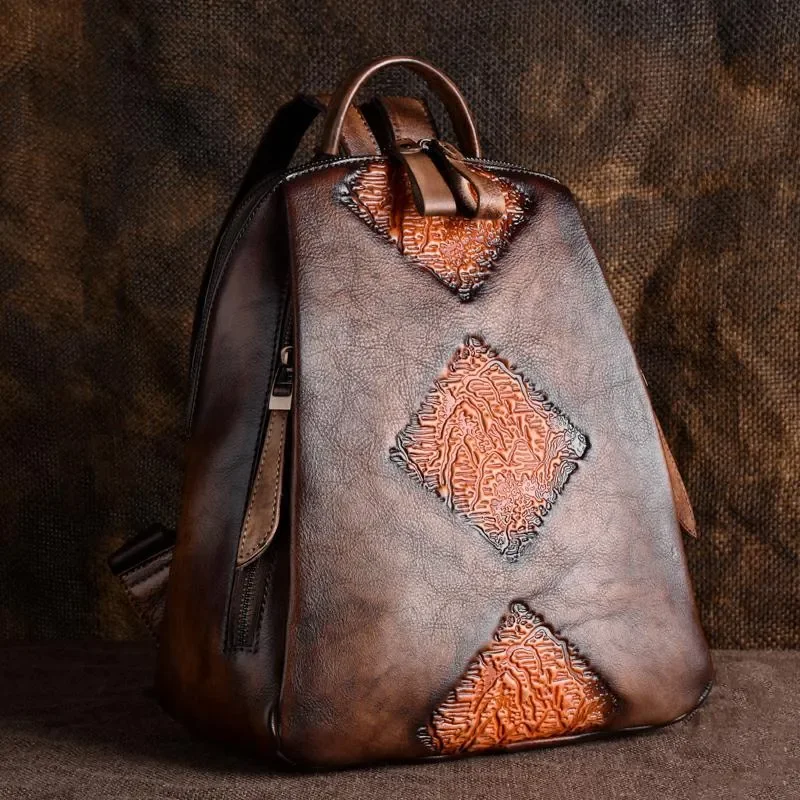 Vintage Vegetable Tanned Leather Backpack for Women Large Capacity Multi Pocket Embossed Design Retro Polished Finish Travel