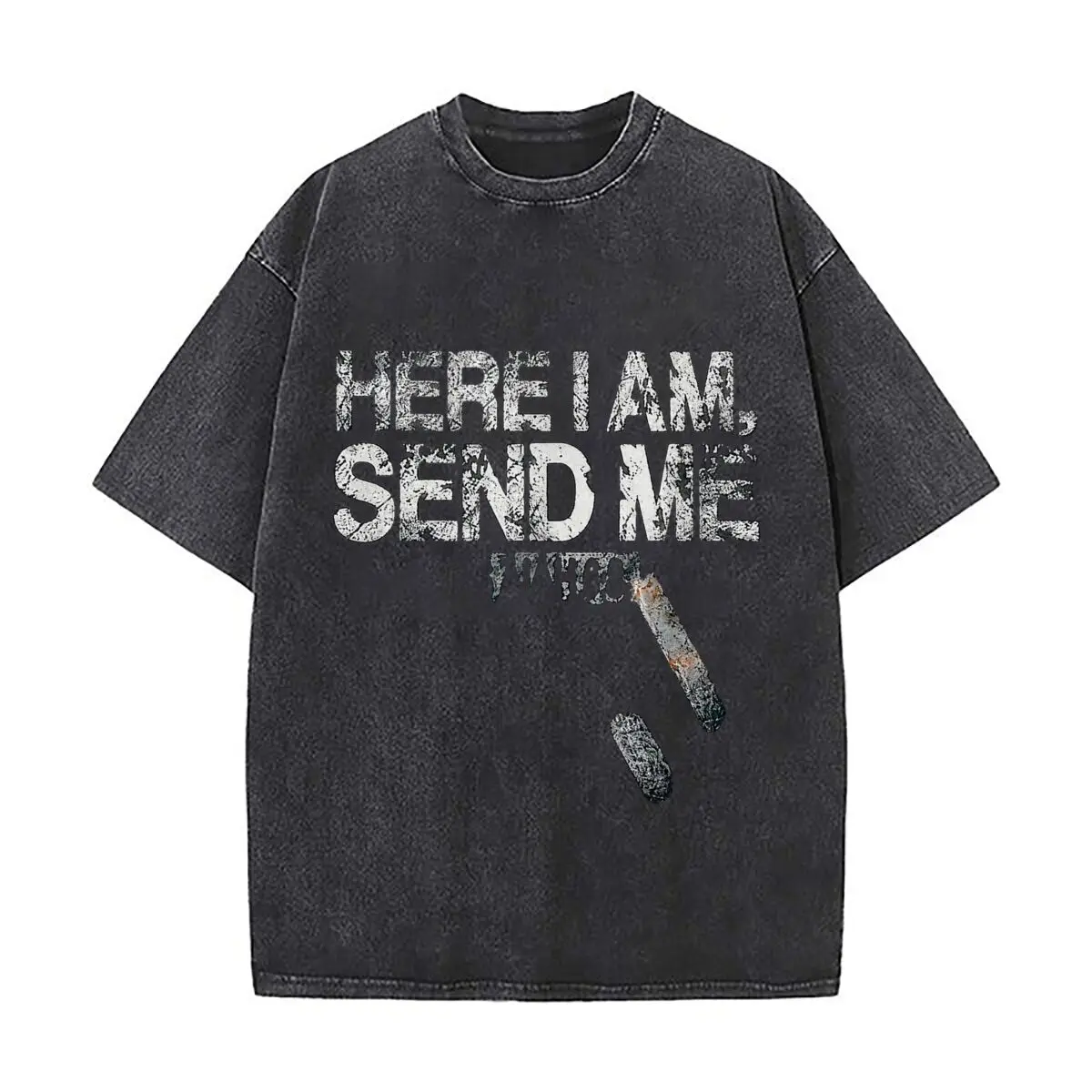 Here I Am Send Me Distressed Christian Typography 2026 Washed Vintage Short Sleeve Loose Streetwear Tee