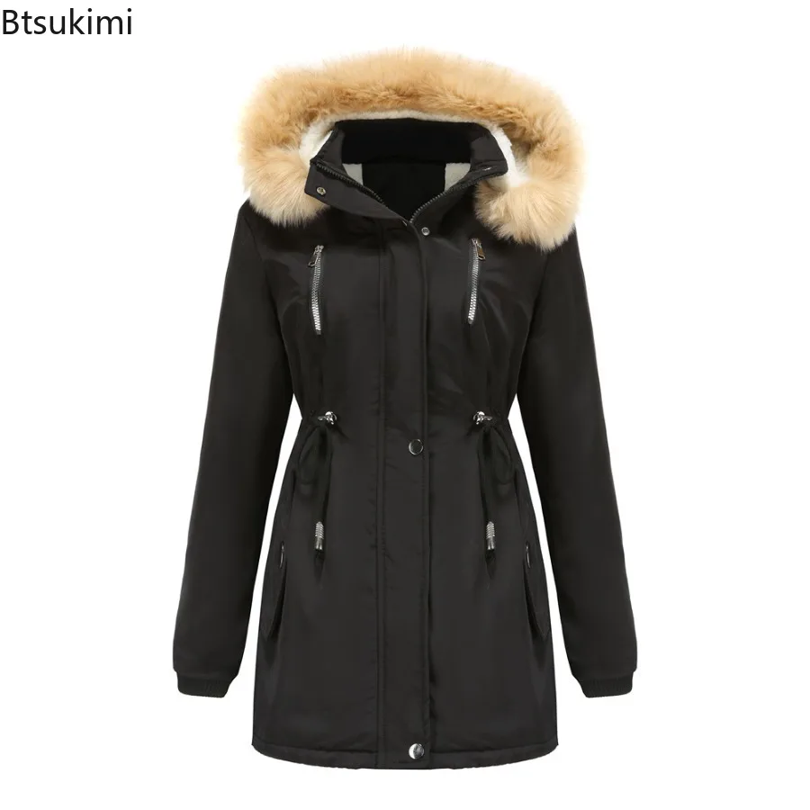 2025 Women Parkas Lamb Wool Hoodies Coats Thick Warm Tight Waist Loose Autumn Winter Casual Jackets Winter Mid Length Parka Coat