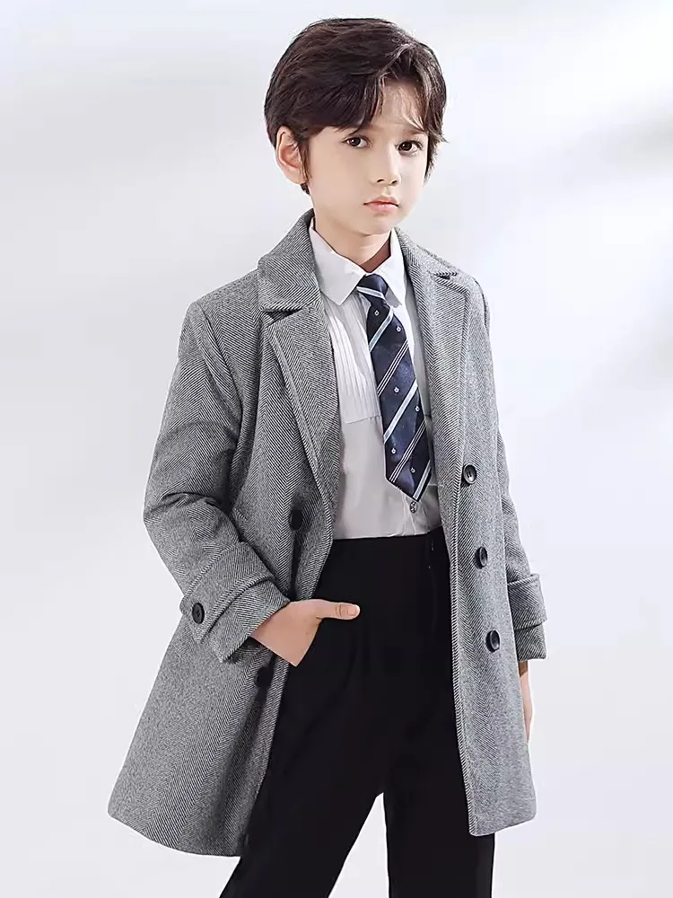 Children Windproof Outdoor Long Jacket Kids Formal Birthday Party Photography Woolen Coat Boys Girls Winter Thick Warm Wool Coat