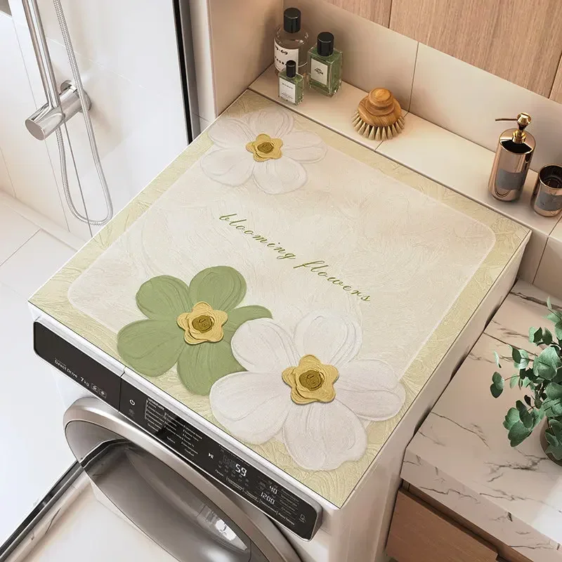 VIKAMA Morandi Embossed Flower Washing Machine Top Mat Green White Letter Print Waterproof Anti Dust Laundry Dryer Surface Pad