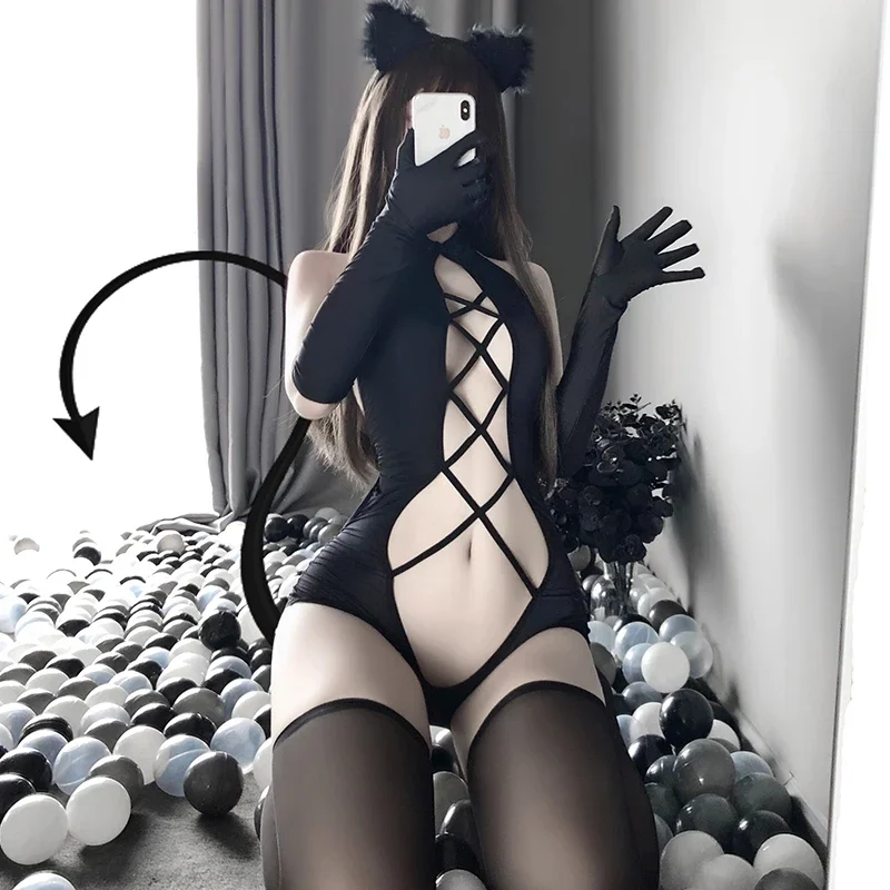 Porno Bandage Bodysuit Women Erotic Sexy Lingerie Anime Devil Cat Cosplay Costumes Crotchless Role Play Underwear Set