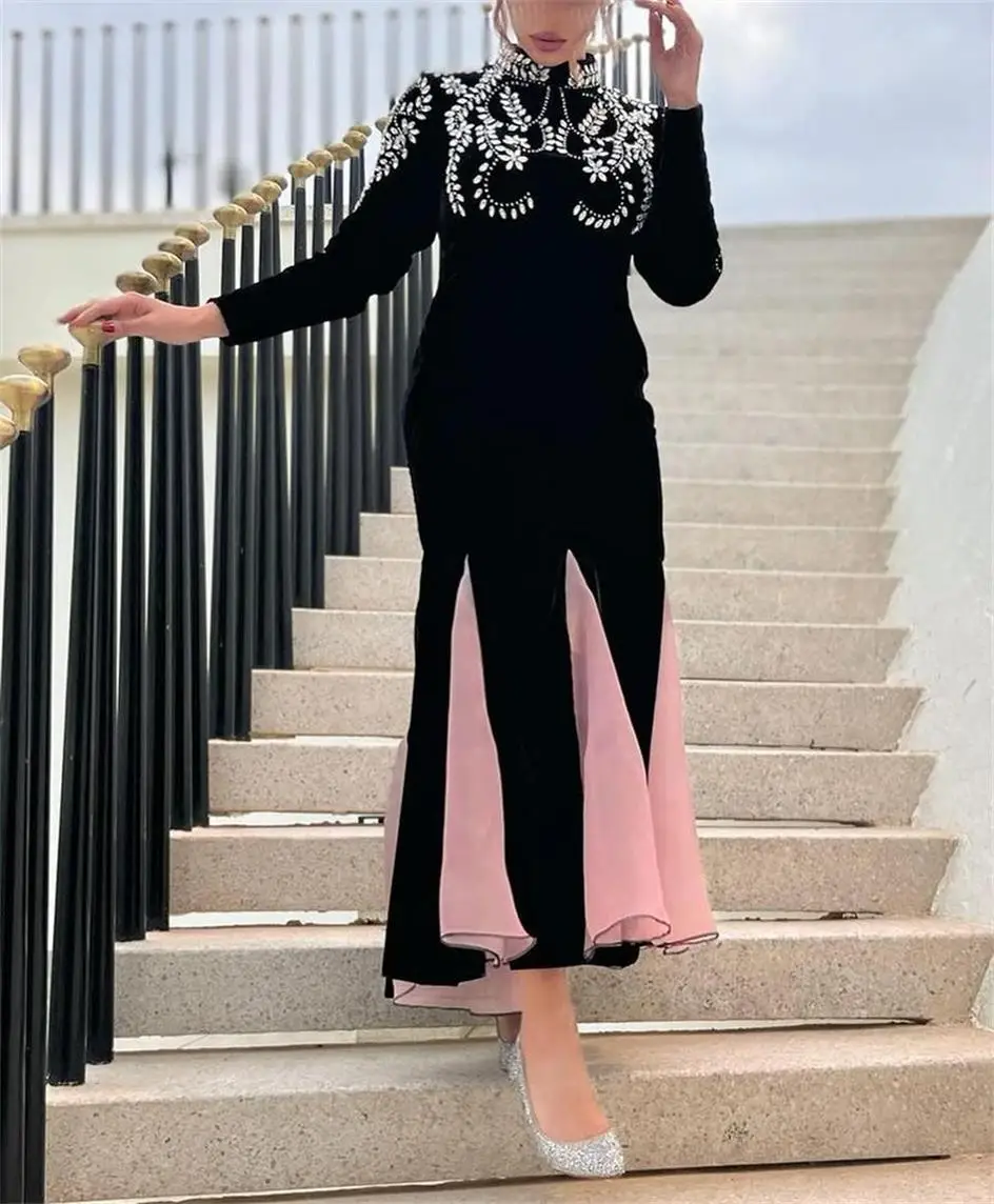 Vintage Mermaid Black Prom Dresses Long Sleeves Beadings Crystals Ankle Length Evening Dresses Formal Party Dresses