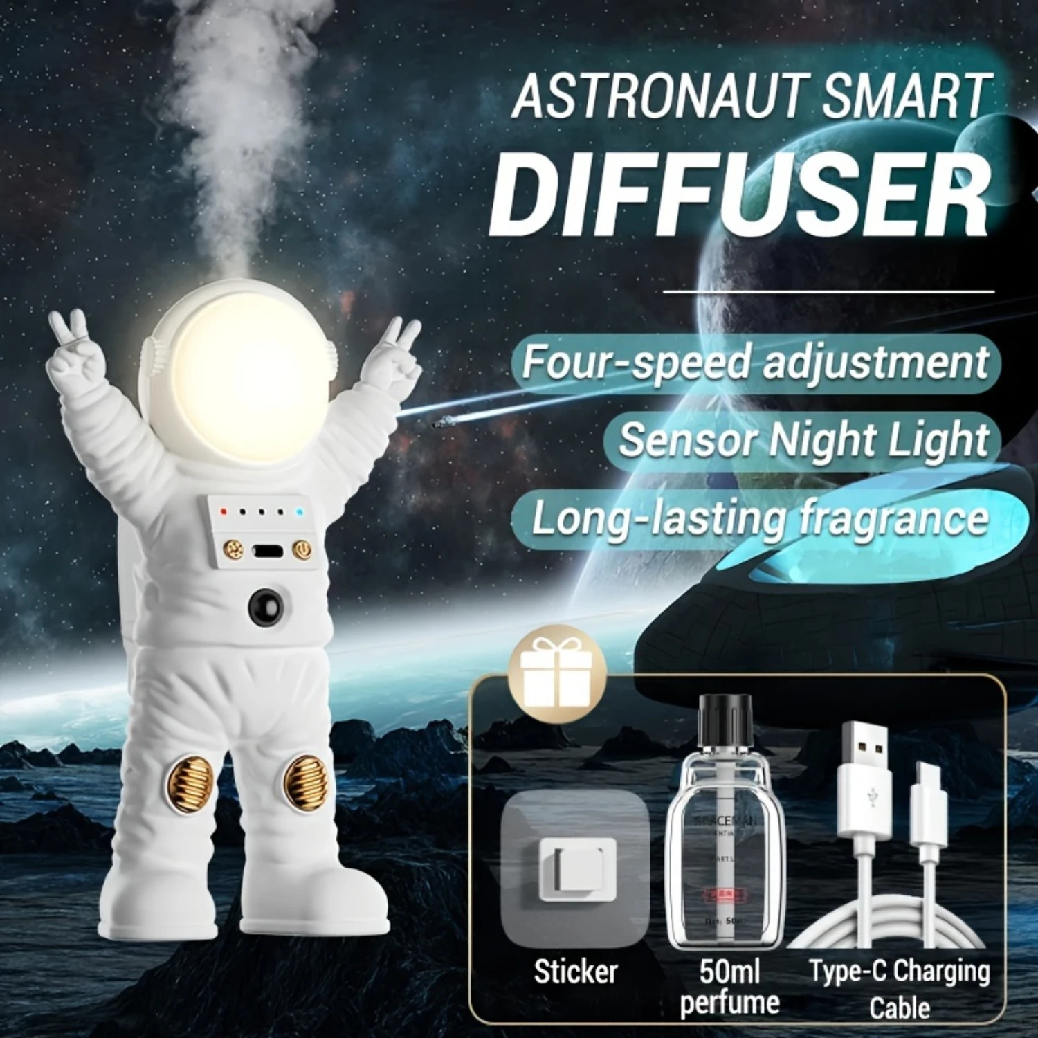 1 buah astronot penyebar minyak esensial isi ulang dengan lampu malam dan lampu malam LED Sensor cerdas untuk, kamar tidur, kantor, mobil,