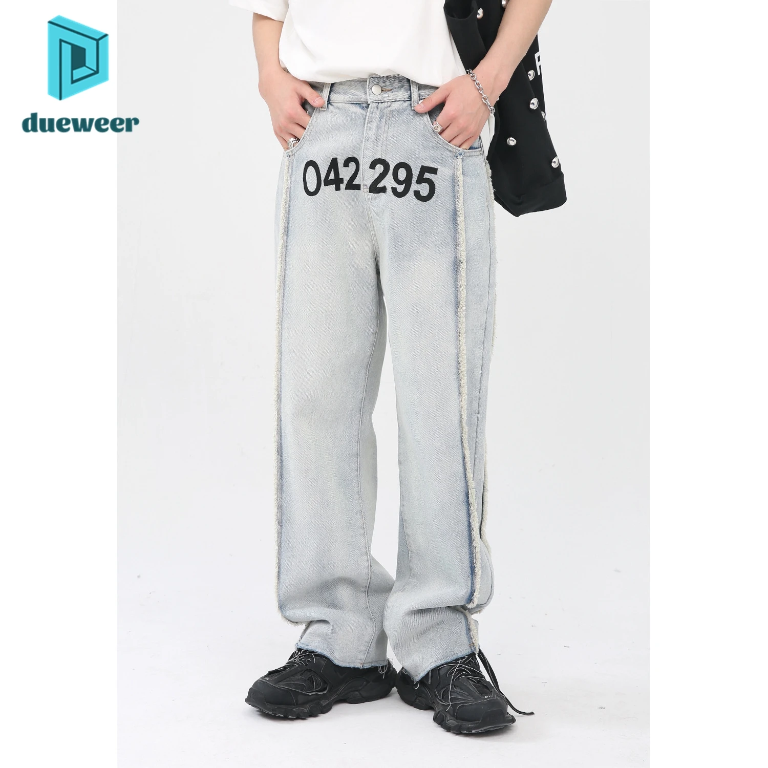 

DUEWEER Men's Summer Letter Print Distressed Frayed Jeans Straight Baggy Casual Denim Pants Punk Trousers for Men Streetwear