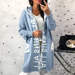 Elegant Winter Women Long Sweater Coat 2023 Letter Print Hoodies Cardigans For Women Fashion Knitted Sweaters Jacket