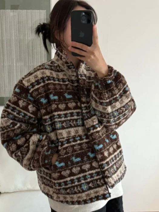 

Winter Thiened Lamb Fur Cotton Jaet Women's Loose Versatile Sweatirt Coat Retro Fair Isle Pattern High Collar Zipper Cl...