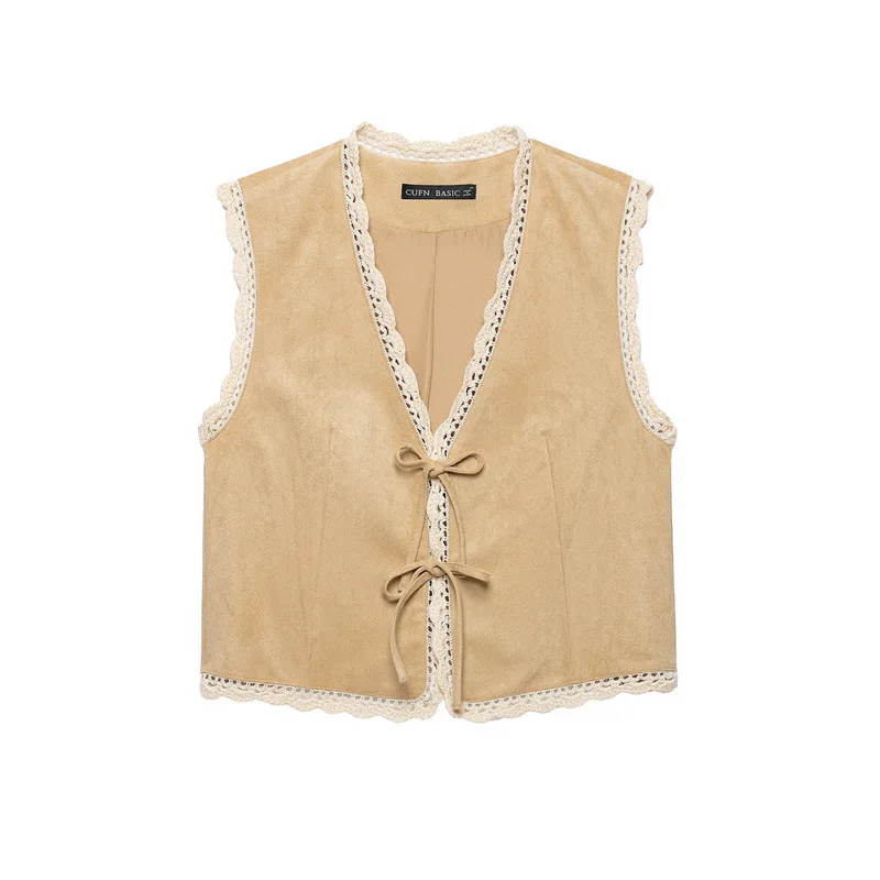 Womens Vintage Faux Suede Vest Crochet Lace Trim Tie Front Short Waistcoat Boho Chic Sleeveless Cardigan Festival Streetwear