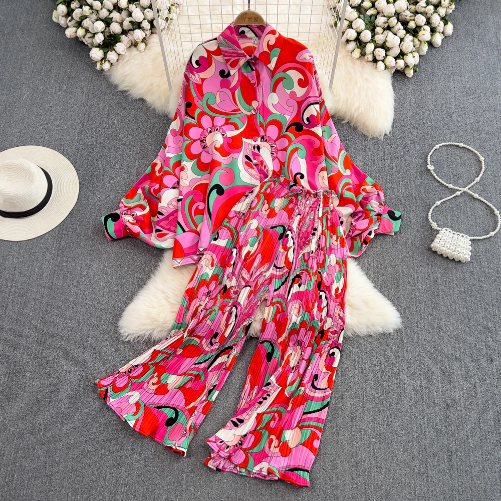 

Модный плиссированный комплект из брюк с высокой талией, женский свободный комплект из двух предметов с принтом-фонариком Све