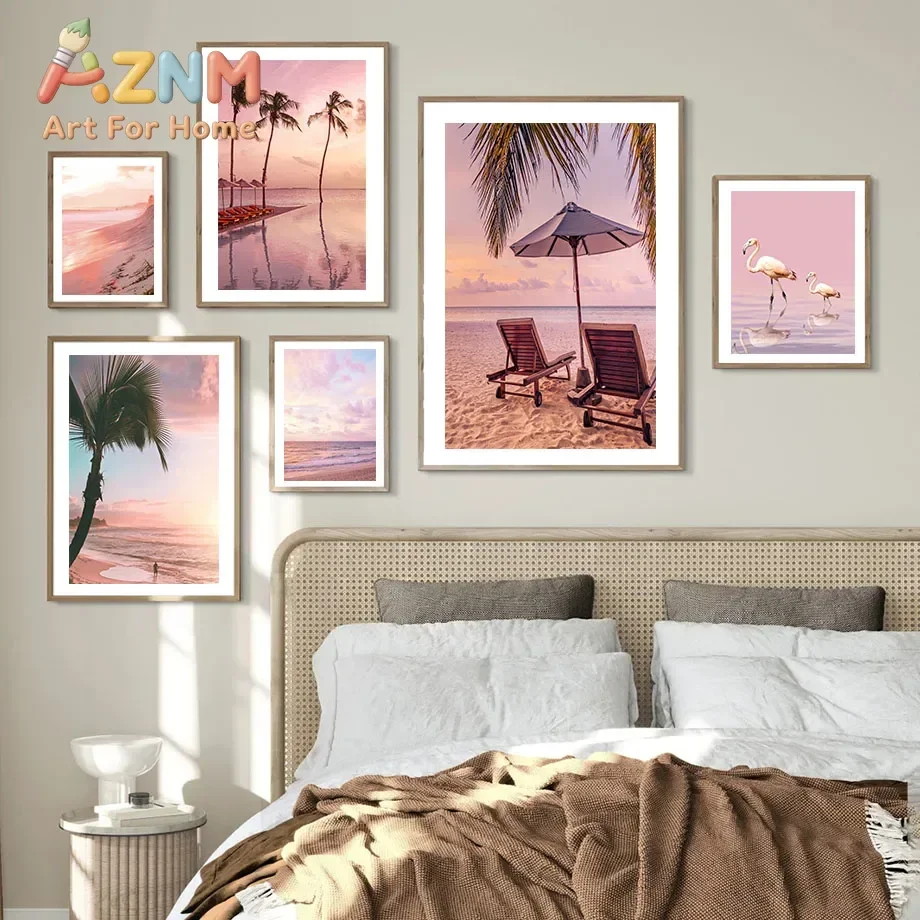 Blush Pink Tropical Coastal Wall Art Pastel Sunset Beach Palm Tree Flamingo Lounge Chair Prints Canvas Posters Room Home Decor