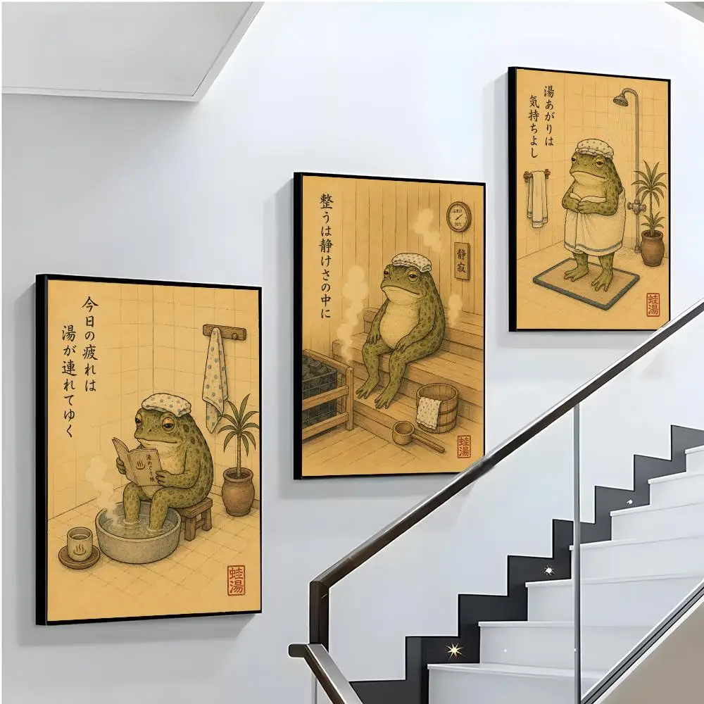 Japanese Bath Time Frog Poster Home Living Bed Room Bar Hallway Sticky Wall Printing Waterproof Aesthetic Decor