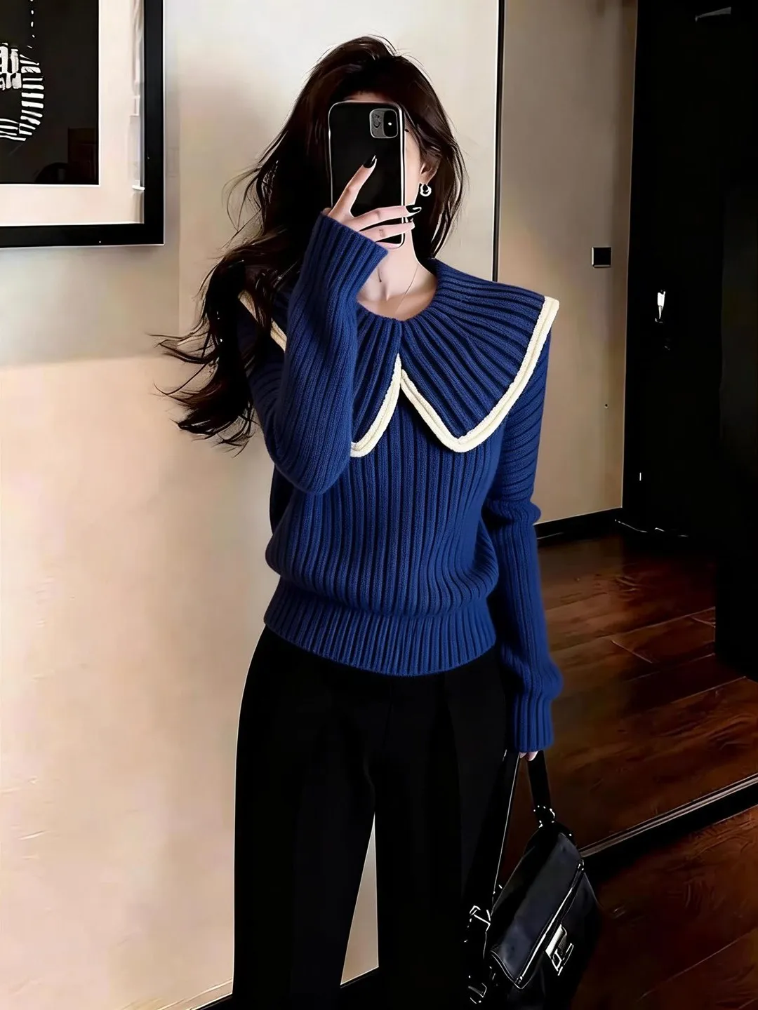 

Ele Blue Knitted Sweater with Doll Collar Long Sve Commute Sle Women's Faion Spring New Arrival Luxury mat