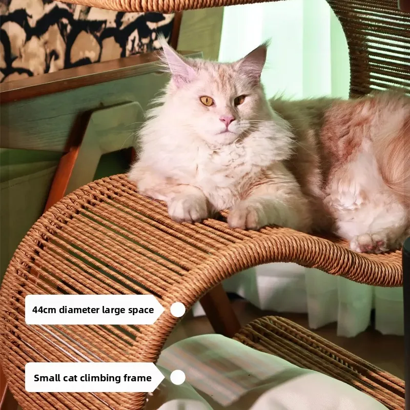 Designer Rattan 2 Layers Cat Bed Mid Century Tea Side Table with Cat Nest MultiFunctional Pet Climbing Frame Vintage Decor Shelf