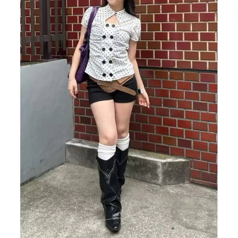 New INS Sexy Hot Girl Hollow Double Breasted Bubble Short Sleeved T-Shirt for Women, Niche Slim Fit Versatile Top for Women