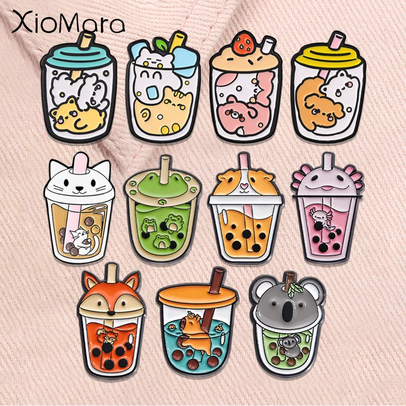 Cute Animal Bubble Tea Enamel Pins Cartoon Puppy Cat Rabbit Cup Kawaii Hippo Fox Frog Animal Brooches Lapel Badge Jewelry Gifts