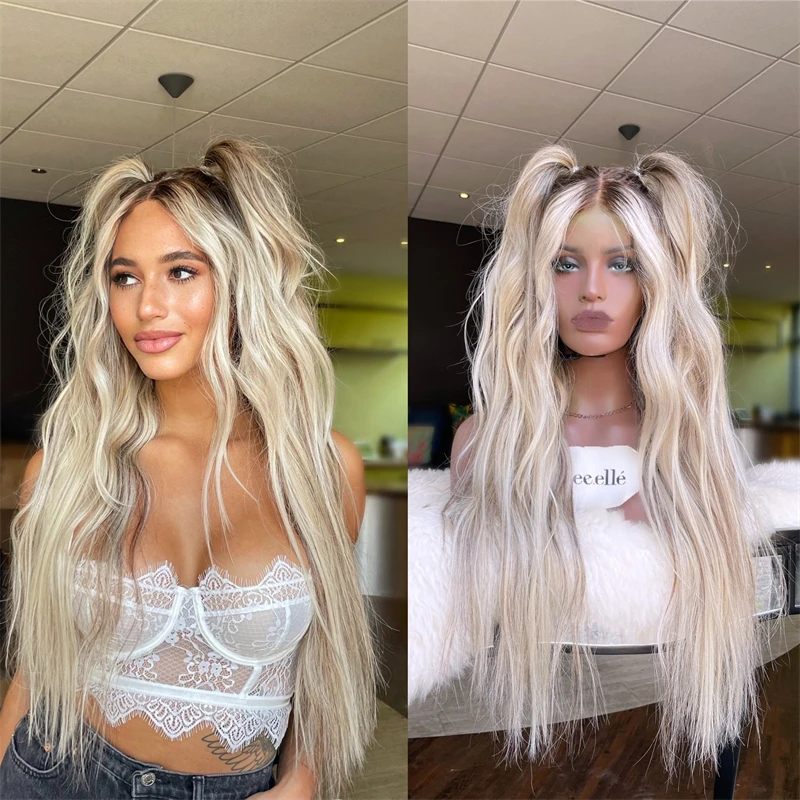 

Отбеленные узлы Balayage Кремовый Пепельно-русый бесклеевой HD парик фронта шнурка Термостойкий синтетический парик шнурка Высококачественный парик бесклеевой