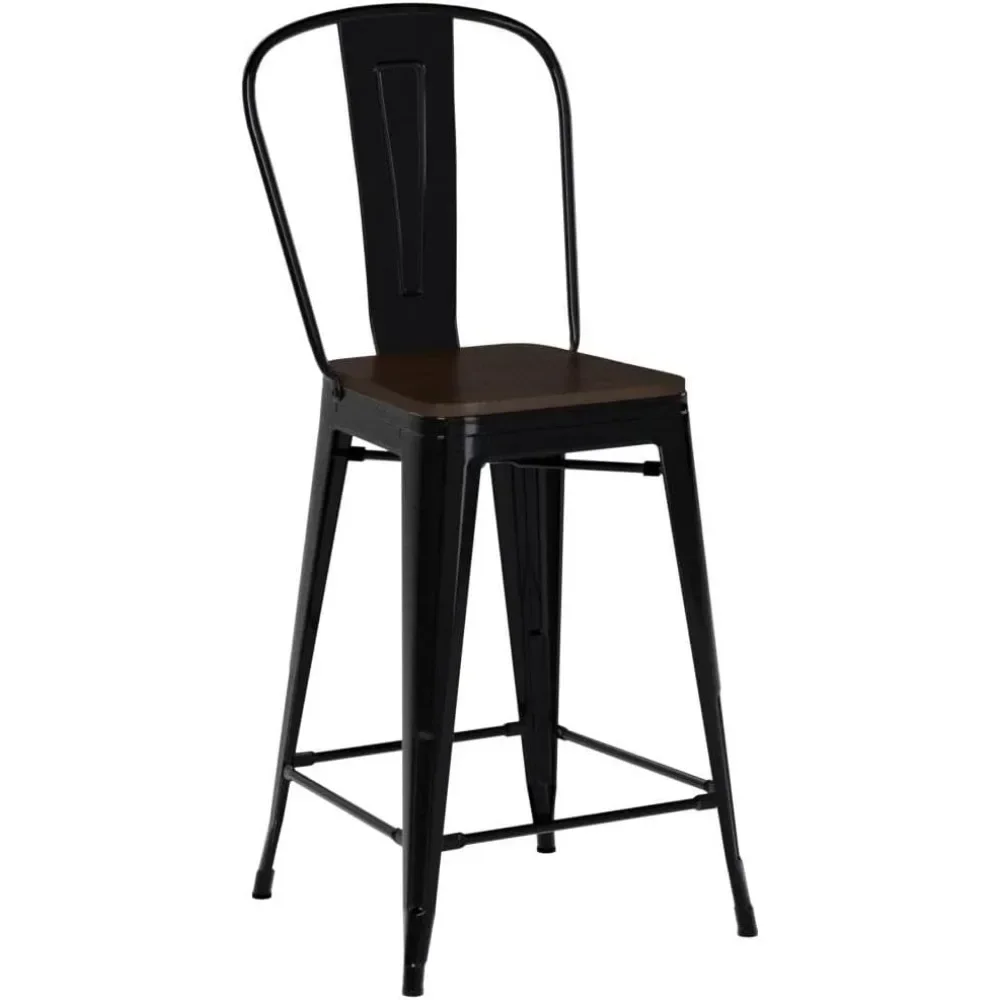 24Inch Seat Height Dining Stools Chairs with Wood Seat/Top and High Backrest, Industrial Metal Counter Height Stool，set of 4