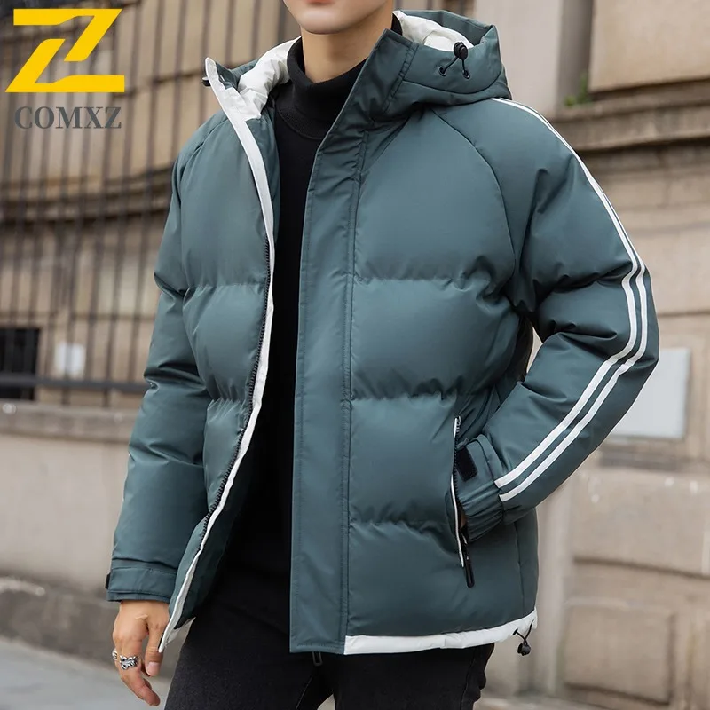 

COMXZ 2025 Winter Fashion Stand Collar Cotton Jacket Hooded Winter Waterproof Windproof Outdoor Casual Warm Coat Men Streetwear