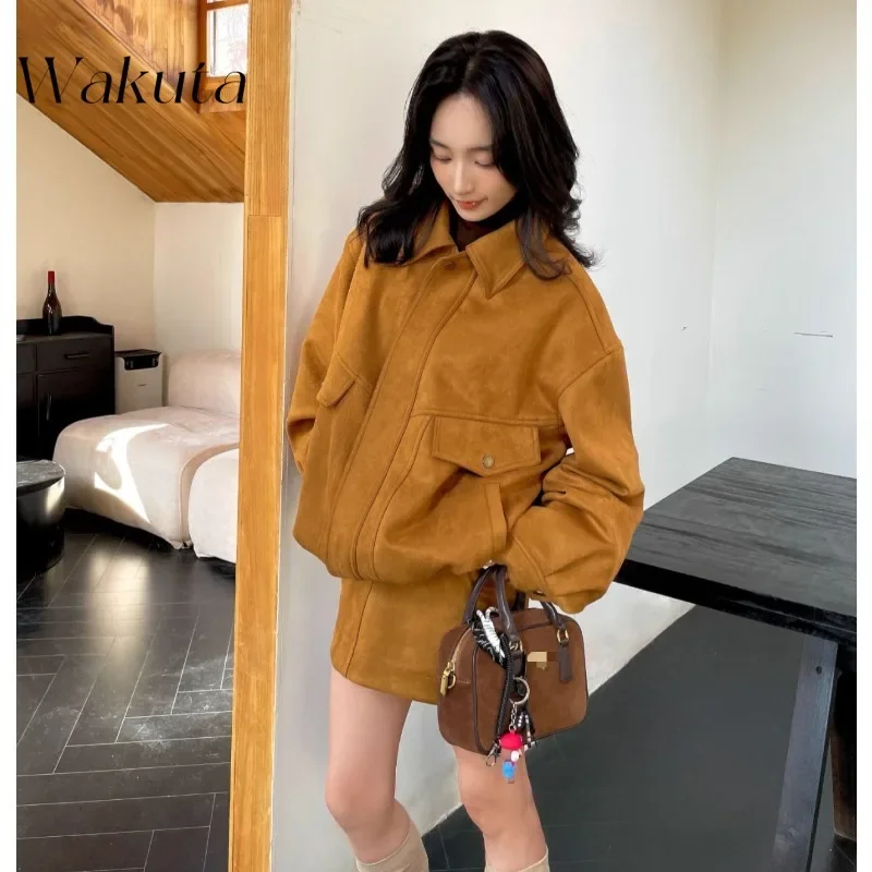 WAKUTA Korean Retro Versatile Lapel Loose Long-sleeved Jacket Chic A-line Half-body Dress Short Skirt Fall Matching Sets 니트 스커트