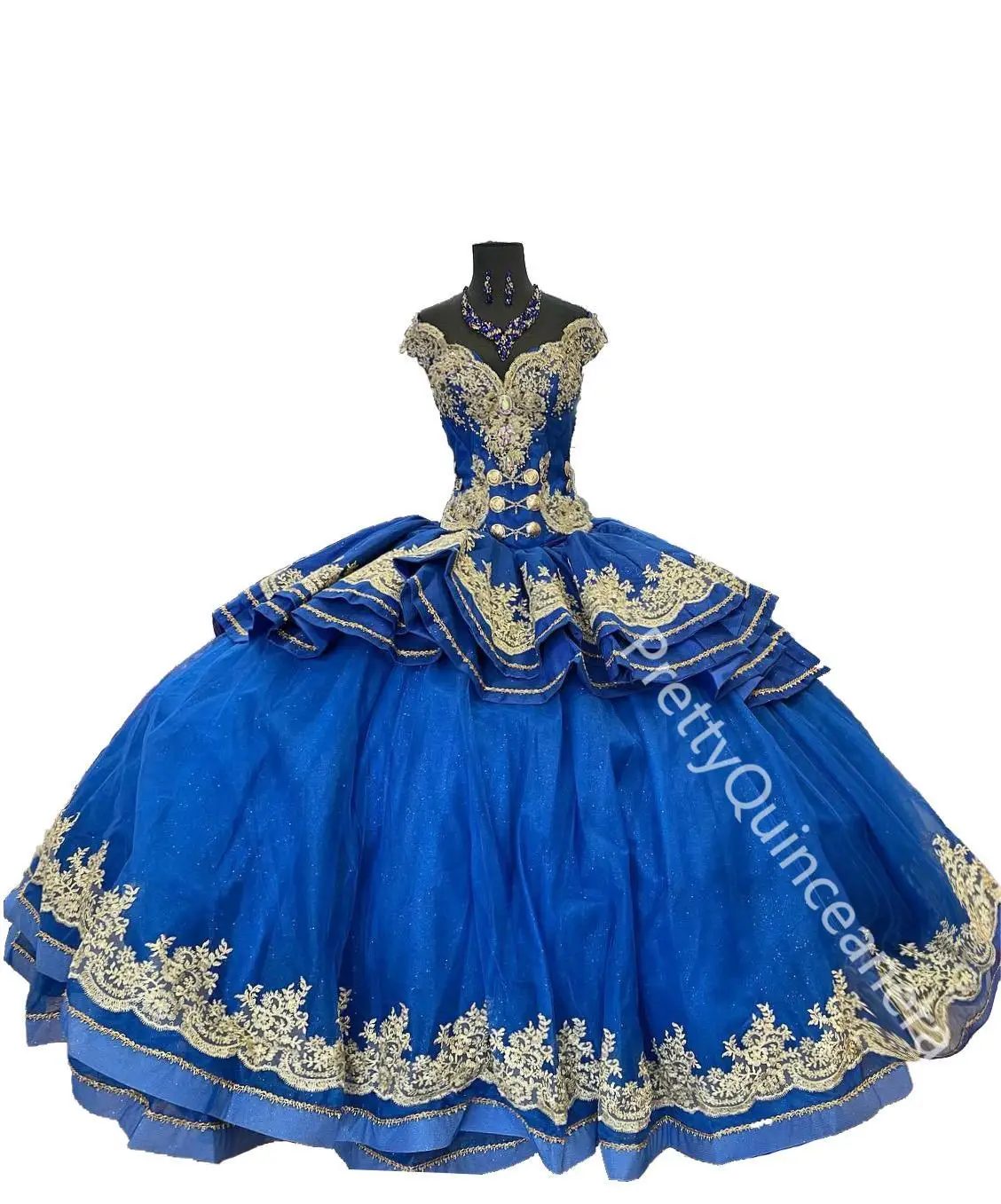 Robe de Quinceanera bleu royal à plusieurs niveaux en tulle scintillant avec appliques dorées et boutons, grande robe de Rhà lacets dans le dos