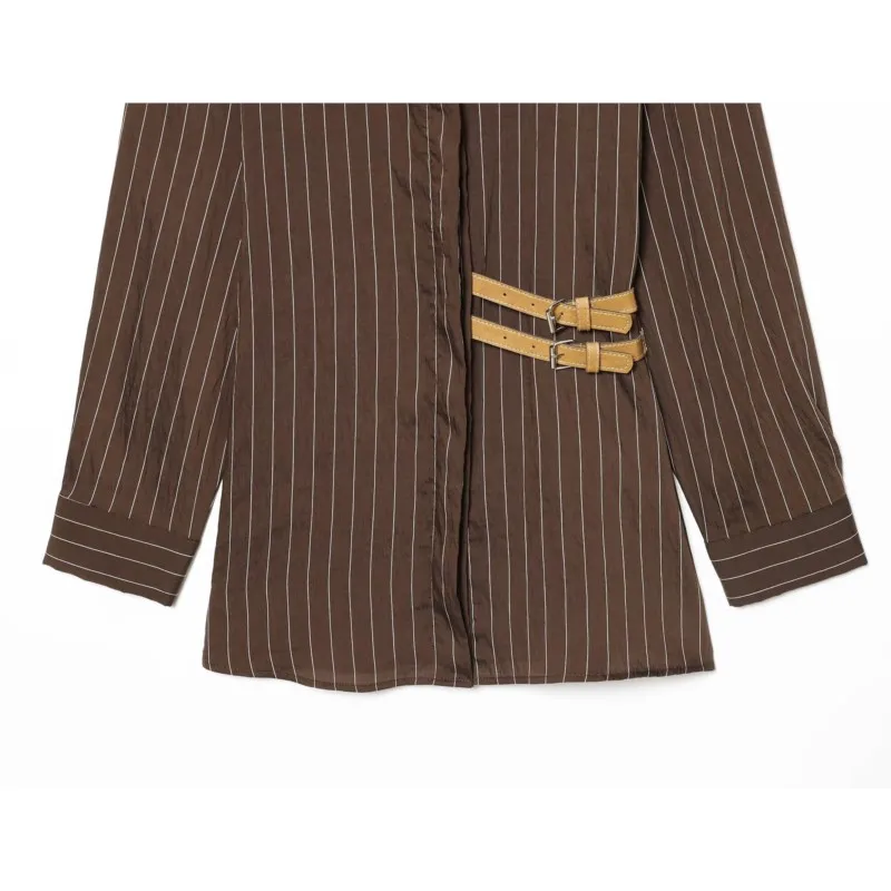 Camisa a rayas con hebillas para mujer, Tops sencillos con botones y cuello de solapa informal, camisas y blusas elegantes para mujer de primavera