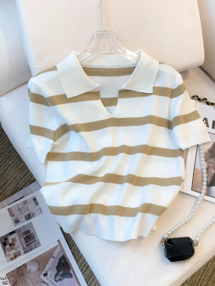 2024 New Striped Pattern Collared Sweater Versatile Short Sleeve Knitted Top For Spring & Summer Women\'s Clothing Crop Top