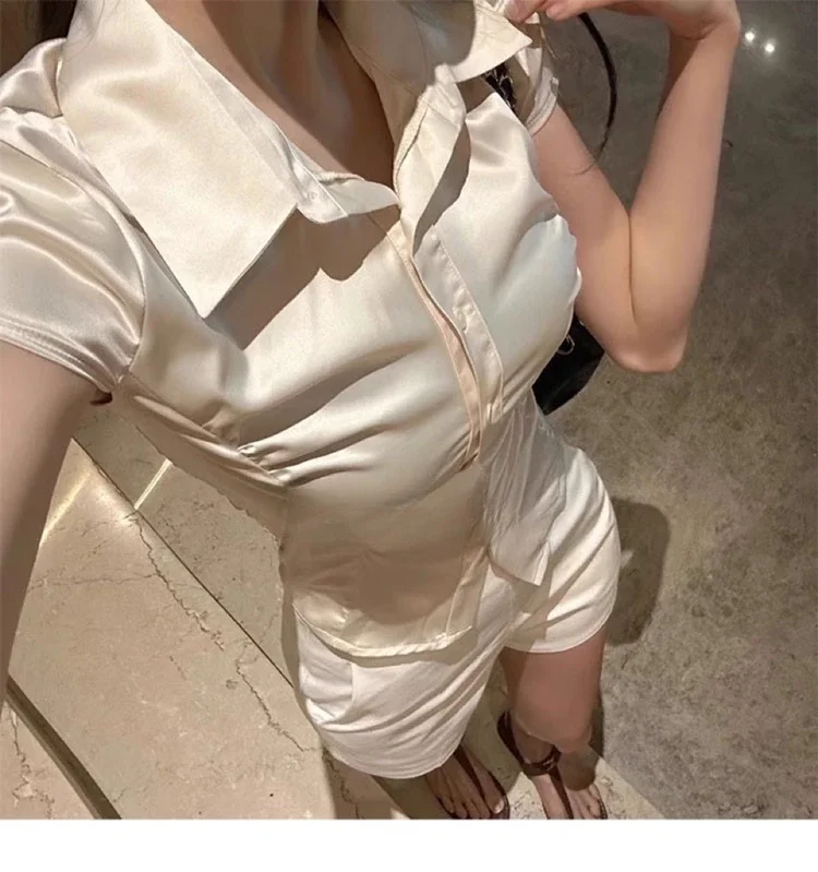 Kimotimo Sexy Satin Short Sleeve Shirt Women 2024 Summer Folds Slim Fit Crop Top Korean Temperament Lapel Single Breasted Blouse