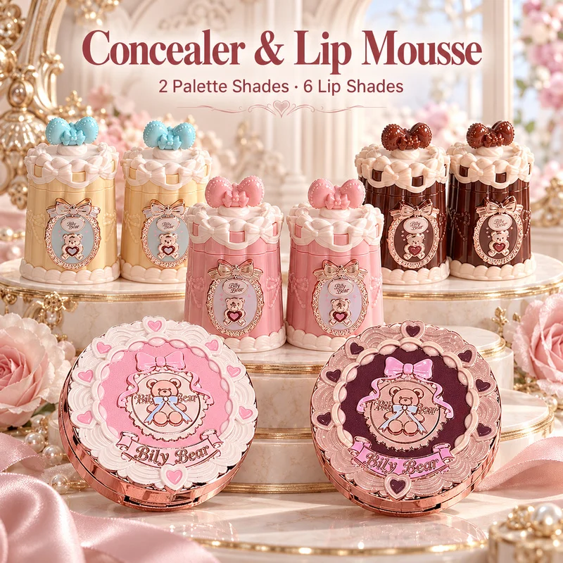 Billy Bear 2Pcs Makeup Set Cream Concealer Palette & Velvet Matte Lip Mousse Lipstick Soft Focus Face Coverage Cute Gift Set Kit