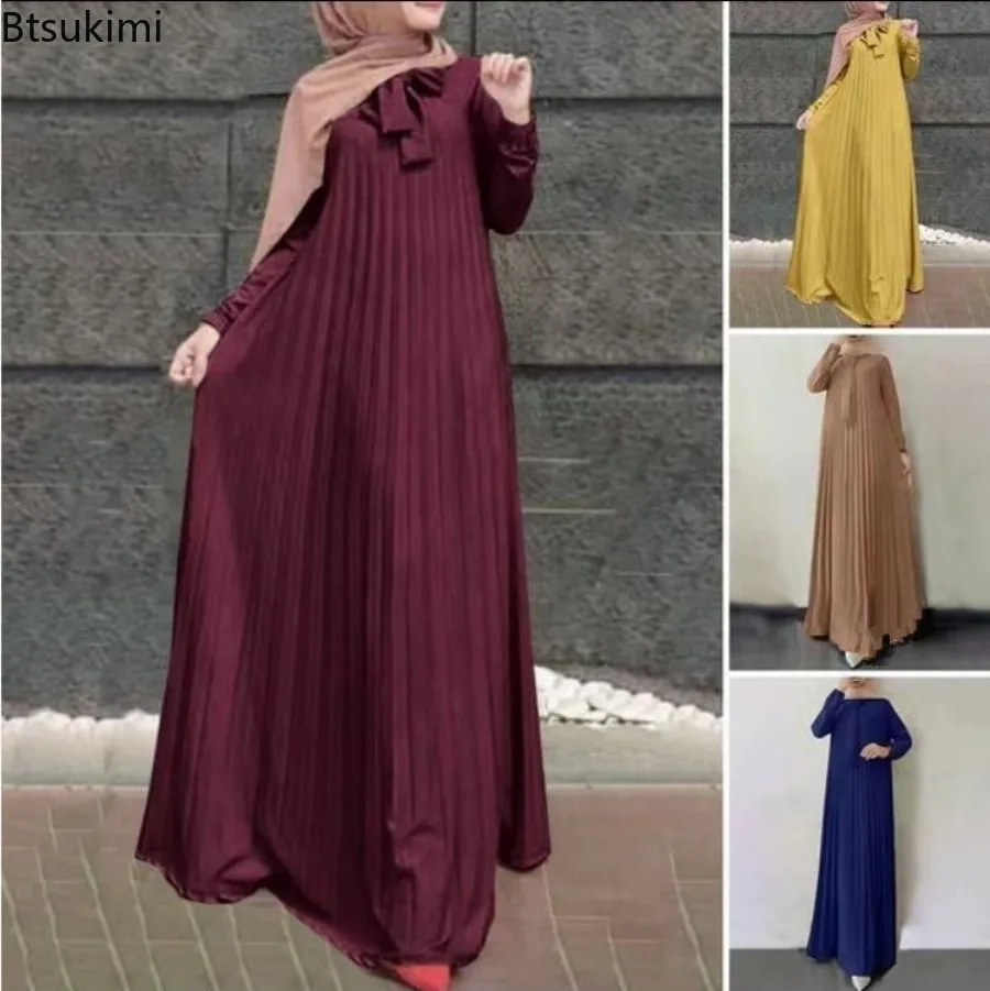 

Muslim Fashion Abayas for Women Elegant Long-sleeved Dresses Solid Stand Collor Pleated Loose Maxi Dress Saudi Arab Kaftan Robes