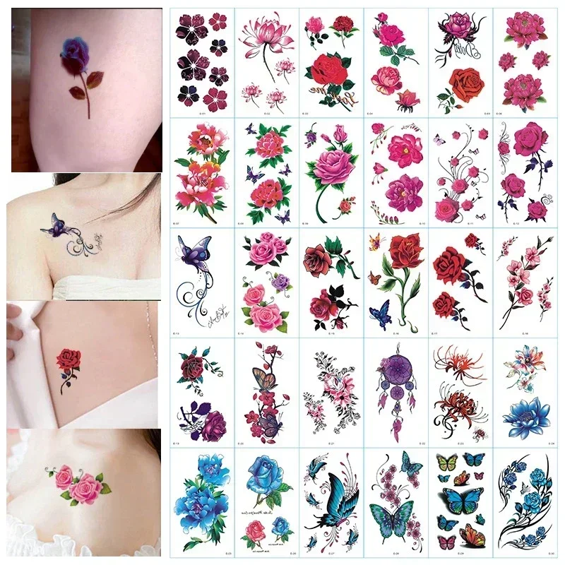 30 stks/set Bloem Tijdelijke Tattoos Stickers Rose Vlinder Gekleurde Nep Tatoeages Waterdicht voor Vrouwen Meisjes Dames Sleutelbeen Hand