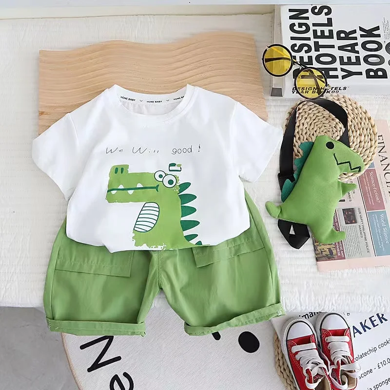 Summer Casual Newborn Baby Boys Toddler Big Dinosaure Short Sleeve Tops Pants 2Pcs/set Cotton Kids Outfits Clothing