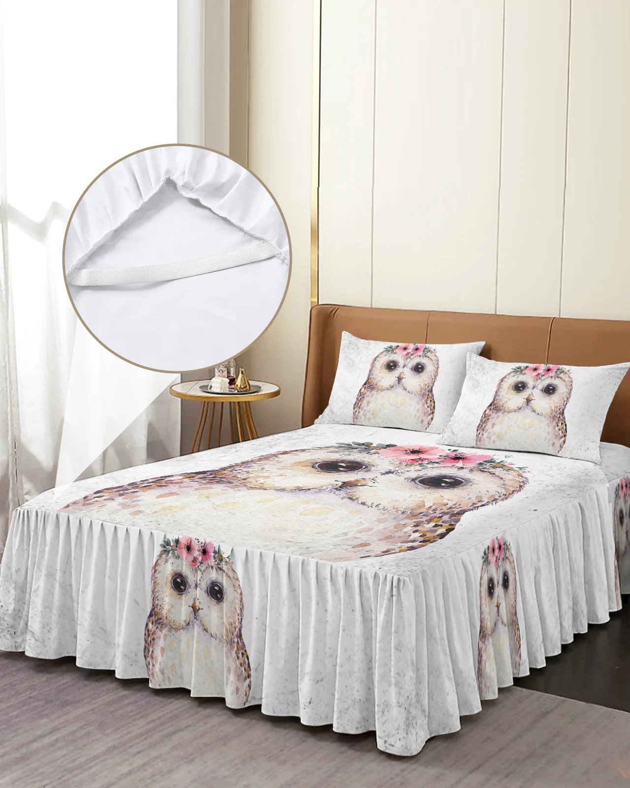 

Owl Watercolor Animal With Flowers Bed Skirt Elastic Fitted Bedspread With Pillowcases Mattress Cover Bedding Set Bed Sheet