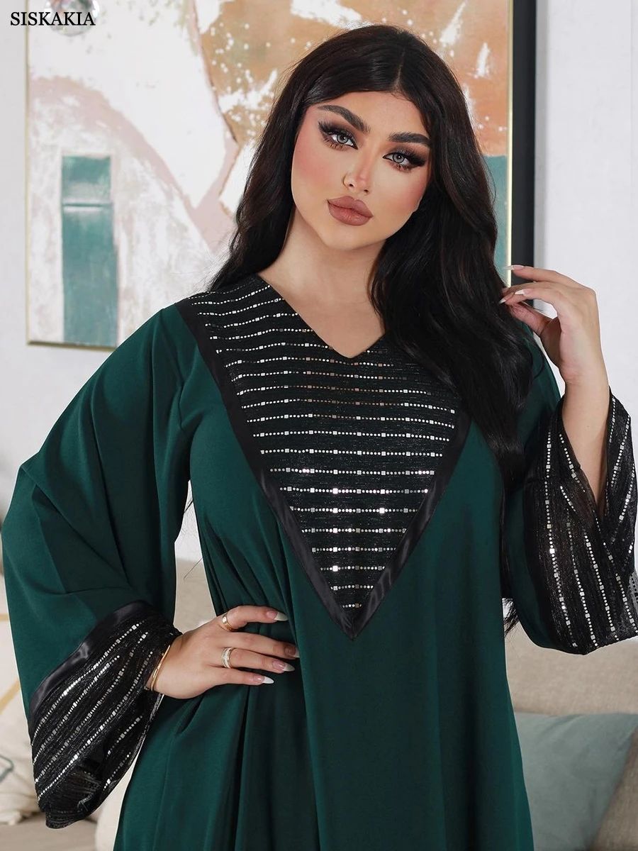 Siskakia Fashion Sequins Black Mesh Patchwork Dubai Abaya Elegant Casual Full Sleeve V-Neck Long Dress Women Muslim