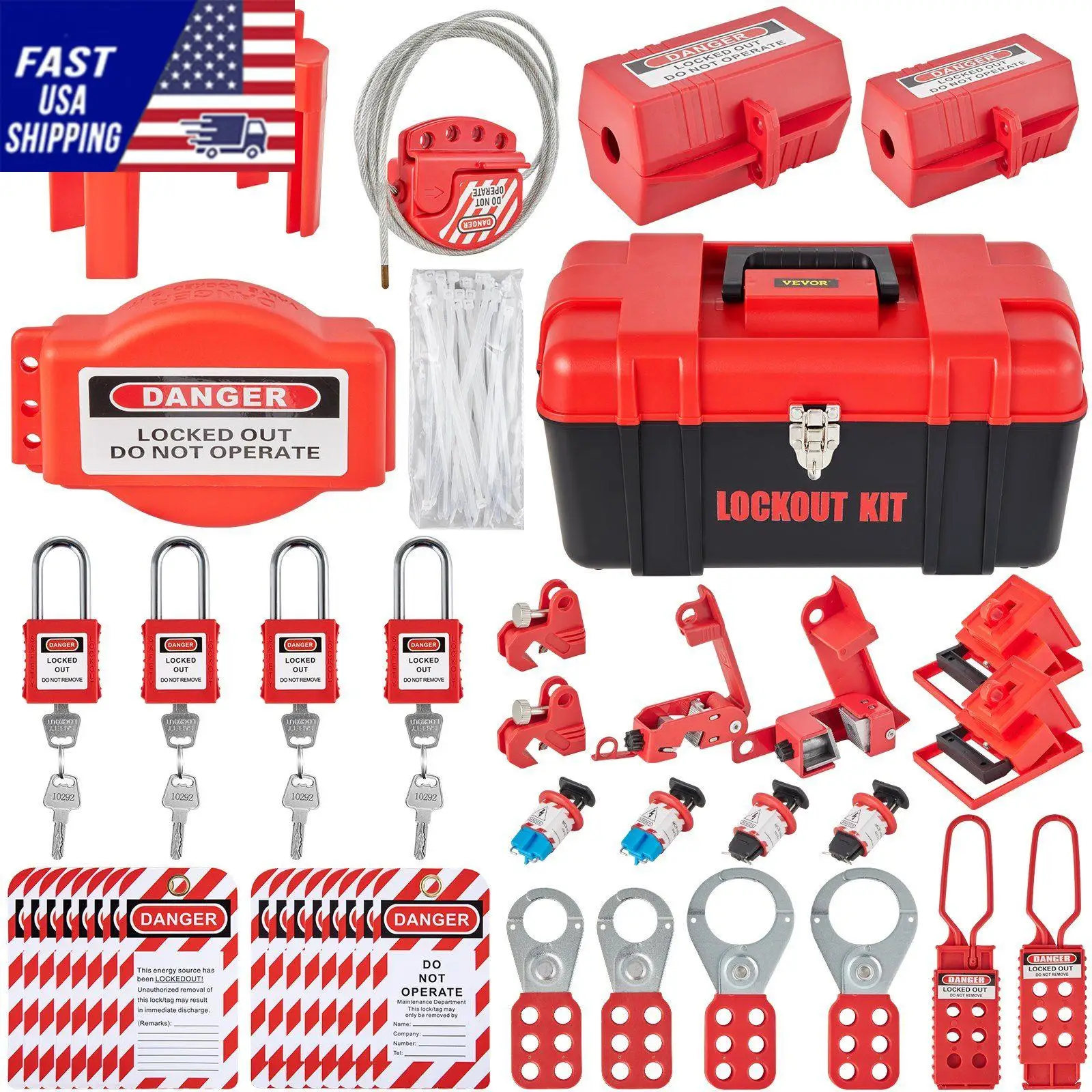 42 PCS Lockout Tagout Kits, Electrical Safety Loto Kit Includes Padlocks, 5 Kinds of Lockouts, Hasps, Tags & Ties, Box, Lockout