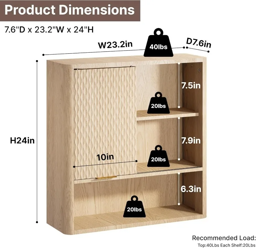 

Fluted Bathroom Wall Cabinet, Modern Medicine Cabinet with Sliding Door, Storage Cabinet Wall Mounted