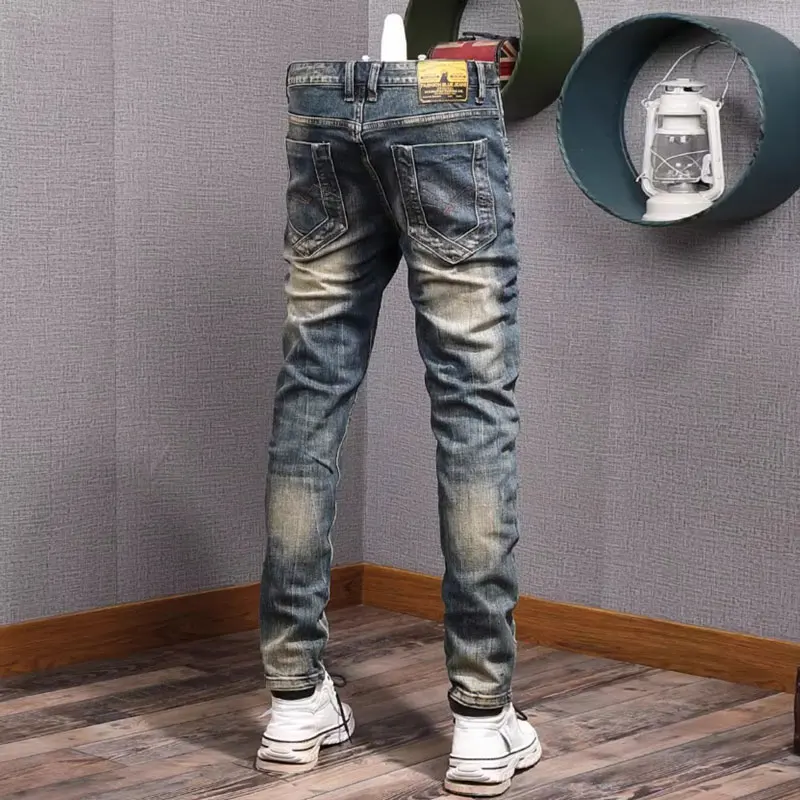 Newly Fashion Designer Men Jeans Retro Blue Elastic Stretch Slim Fit Printed Ripped Jeans Men Vintage Casual Denim Pants Hombre