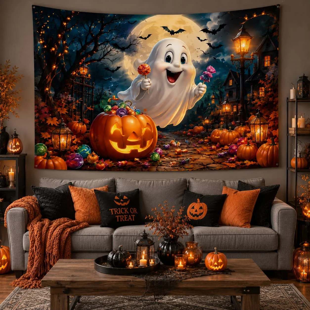 [Halloween] 2D Flat, 2D Flat - 2D Flat, 2D Flat - 2D Flat 1pc Banner, 1pc Ghost Pumpkin Halloween Door Decoration, Halloween Candy Hunt, Bat Candy Halloween Photo Background Party Decoration And Home Decor